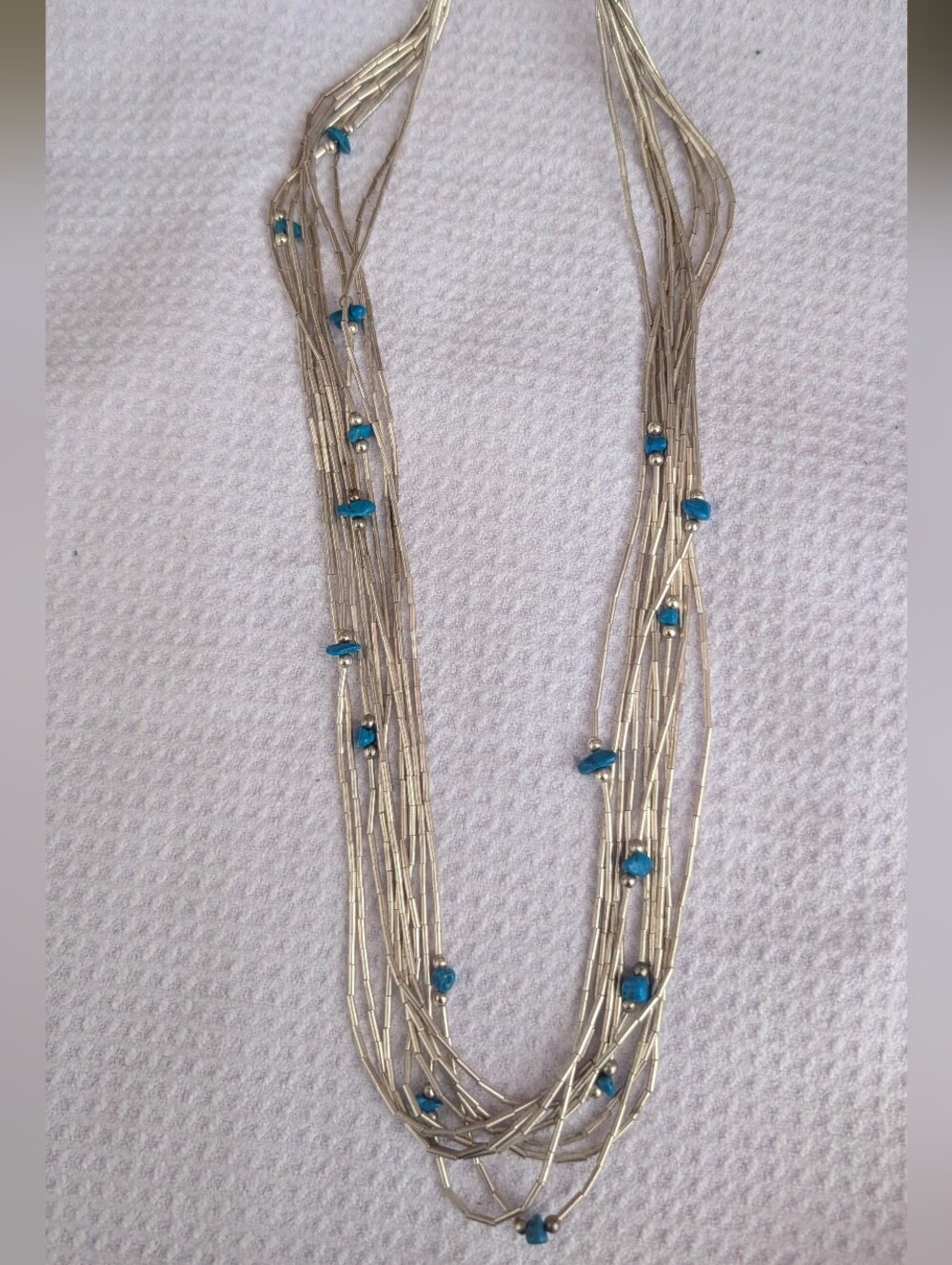 10 Strand Liquid Silver Necklace With Tumbled Turquoise Nugs